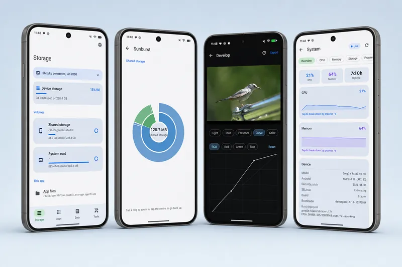 Storage Studio on four Android phones, including the RAW photo develop screen